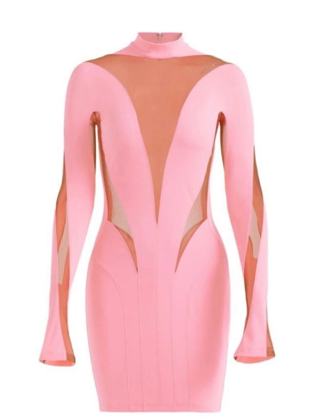 Mugler H&M Pink Mesh Sheer Stretch Bodycon Mini Dress Mock Neck Long Sleeve S